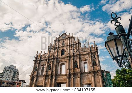 August 30, 2017. Macao/macau, China. Ruins St.paul Church With Dramatic Sun Light, Famous Landmarks 