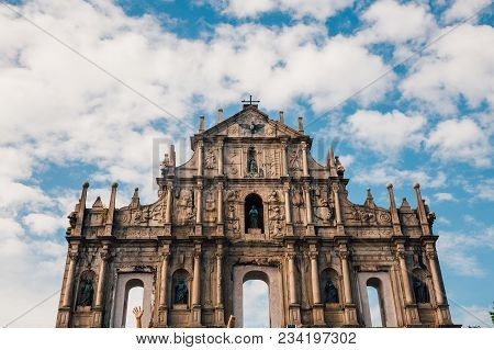 August 30, 2017. Macao/macau, China. Ruins St.paul Church With Dramatic Sun Light, Famous Landmarks 