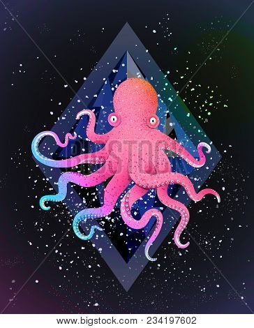 Sea Animal On Black Cosmos Backdrop With Stars And Gem. Vector Design.