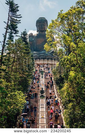 May 20, 2017. Hong Kong, China. The Enormous Tian Tan Buddha At Po Lin Monastery In Hong Kong.