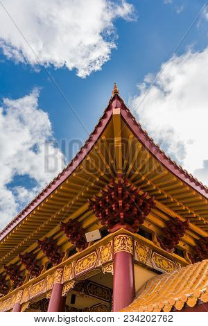 Hacienda Heights, Ca, Usa - March 23, 2018: Red Ochre Roof Structure Of Hsi Lai Buddhist Temple Unde