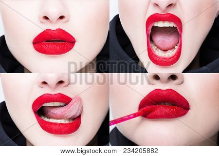 Red Sexy Lips Close-up With Different Emotions. Set Of Lips.