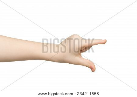 Kid Hand Measuring Invisible Items, Child Palm Making Gesture While Showing Small Amount Of Somethin