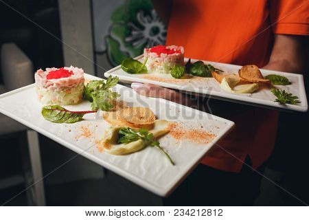Russian Traditional Salad, Closeup Dinner Hotel Luxury