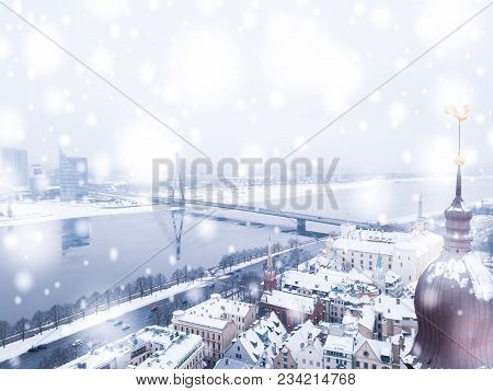 Amazing Aerial View Of The Riga Old Town (vecriga) In January During Barracades Memorial Winter Day.