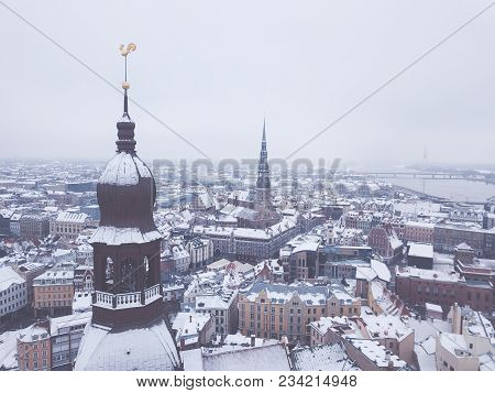 Amazing Aerial View Of The Riga Old Town (vecriga) In January During Barracades Memorial Winter Day.
