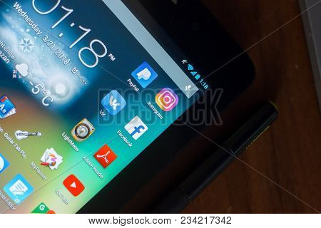 Ryazan, Russia - March 21, 2018 - Mobile Apps Icons With Logos Of Facebook, Instagram, Paypal, Vk An
