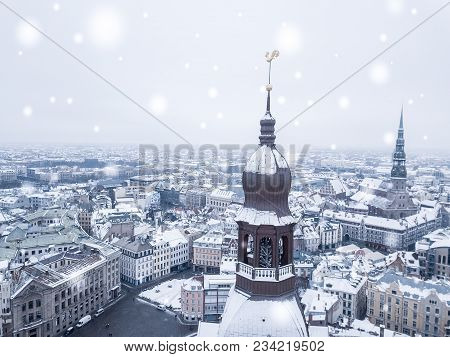 Amazing Aerial View Of The Riga Old Town (vecriga) In January During Barracades Memorial Winter Day.