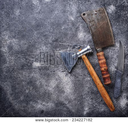 Butchers Vintage Cleaver And Axe For Meat. Top View