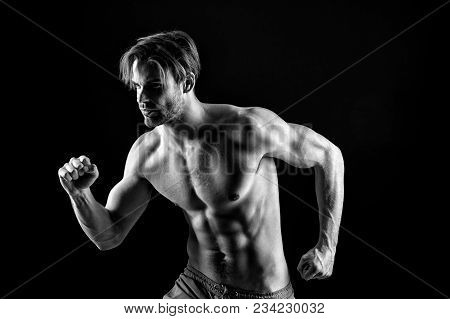 Sportsman In Running Position, Sport. Sexy Macho With Fit Bare Torso, Fitness. Bearded Man With Six 