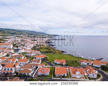 Aerial View On City Mosterios On Island Sao Miguel, The Azores. Beautiful Small Town In Portugal. Az
