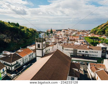 Aerial View On City Mosterios On Island Sao Miguel, The Azores. Beautiful Small Town In Portugal. Az