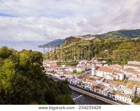 Aerial View On City Mosterios On Island Sao Miguel, The Azores. Beautiful Small Town In Portugal. Az