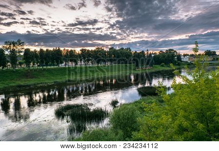 Dramatic Sunset Sky Over The Tvertsa River And Its Picturesque Shores After Storm. Russian Provincia