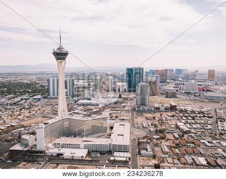 Aerial View Of The Stratosphere Hotel On July 29, 2013 In Las Vegas, Nevada. Beautiful Aerial Footag