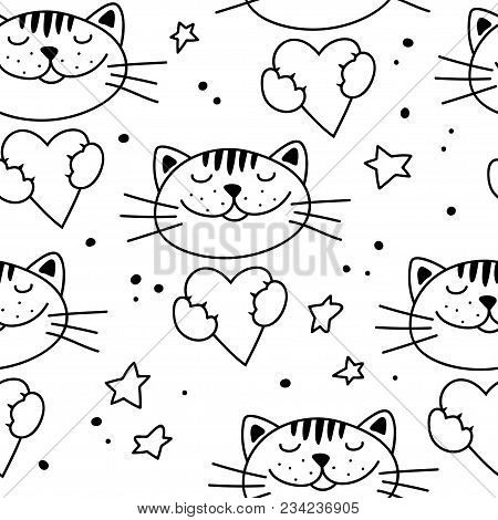 Seamless Pattern With Cute Cats And Hearts. Black And White Vector Template.