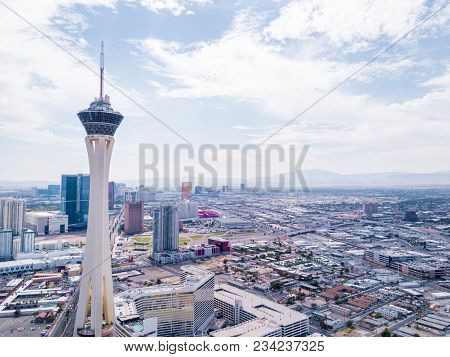 Aerial View Of The Stratosphere Hotel On July 29, 2013 In Las Vegas, Nevada. Beautiful Aerial Footag