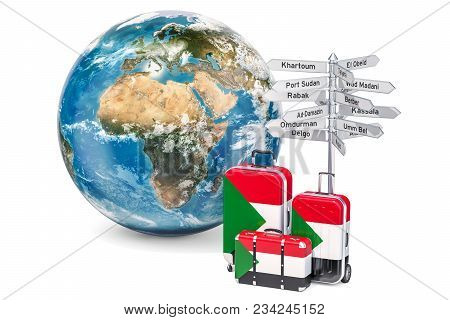Sudan Travel Concept. Suitcases With Sudanese Flag, Signpost And Earth Globe. 3d Rendering