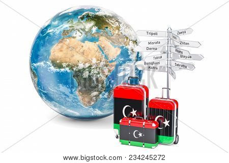 Libya Travel Concept. Suitcases With Libyan Flag, Signpost And Earth Globe. 3d Rendering