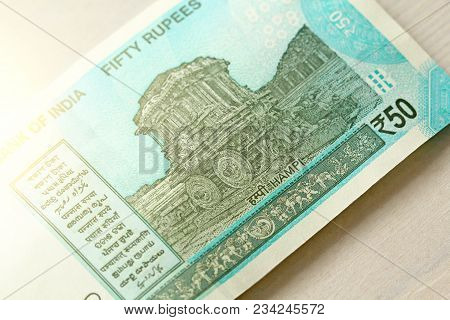A New Banknote Of India With A Denomination Of 50 Rupees. Indian Currency. The Other Side, Hampi's C