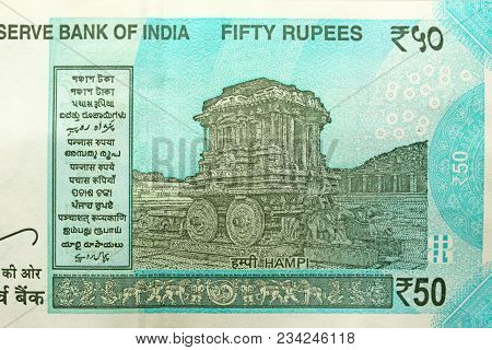 A New Banknote Of India With A Denomination Of 50 Rupees. Indian Currency. The Other Side, Hampi's C