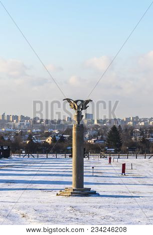 Lublin, Poland - January 17, 2018: Column Of Three Eagles. Monument In Honour Of The Victims Of Majd
