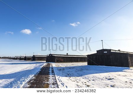 Lublin, Poland - January 17, 2018: Prisoner Barracks In Majdanek Concentration Camp In Lublin, Polan