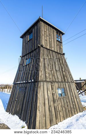 Lublin, Poland - January 17, 2018: Guard Towers In Majdanek Concentration Camp In Lublin, Poland