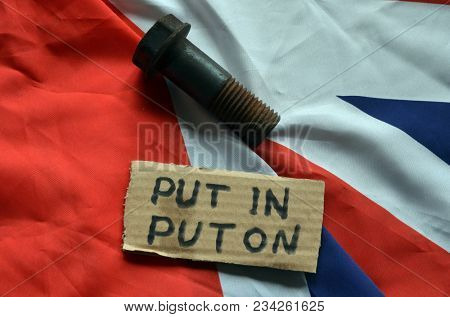 ILLUSTRATIVE EDITORIAL. The scandal about poisoning of former spy Sergei Skripal. Concept. British Flag background.March 24, 2018 in Kiev,Ukraine