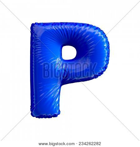Blue letter P made of inflatable balloon isolated on white background. 3d rendering
