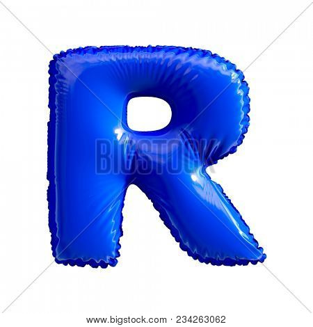 Blue letter R made of inflatable balloon isolated on white background. 3d rendering