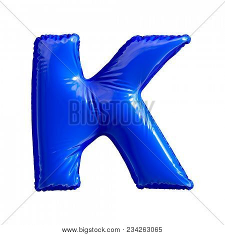 Blue letter K made of inflatable balloon isolated on white background. 3d rendering