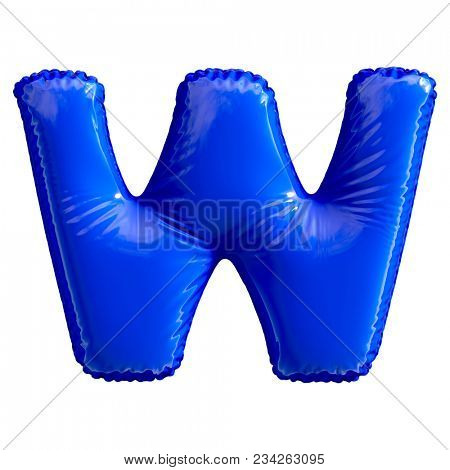 Blue letter W made of inflatable balloon isolated on white background. 3d rendering
