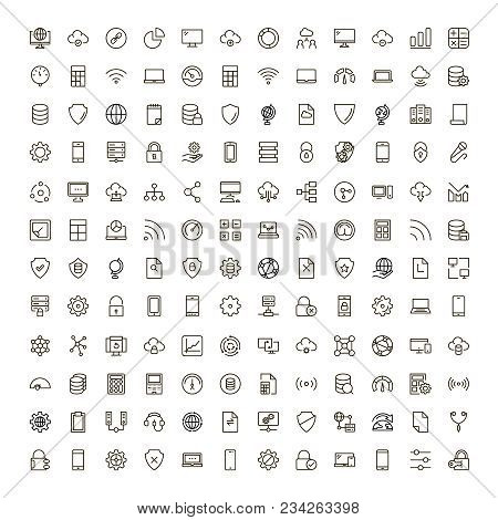 Databse Icon Set. Collection Of High Quality Outline Server Pictograms In Modern Flat Style. Black I