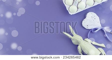 Banner Easter Accessories For Ultraviolet Background. Easter Bunny Vintage Heart Set Of Eggs In A Bo