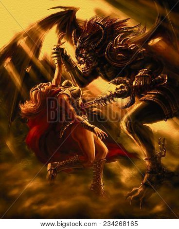 A Horned Monster Knight With A Sword Defeats The Amazon. Genre Of Fantasy.