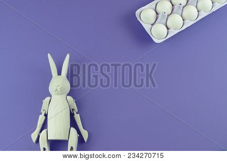 Easter Accessories For Ultraviolet Background. Easter Bunny Vintage Heart Set Of Eggs In A Box. Flat