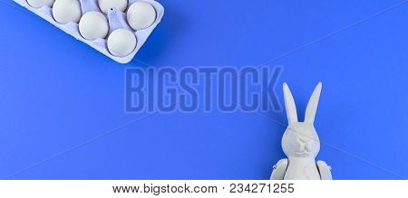 Banner Easter Accessories For Ultraviolet Background. Easter Bunny Vintage Heart Set Of Eggs In A Bo