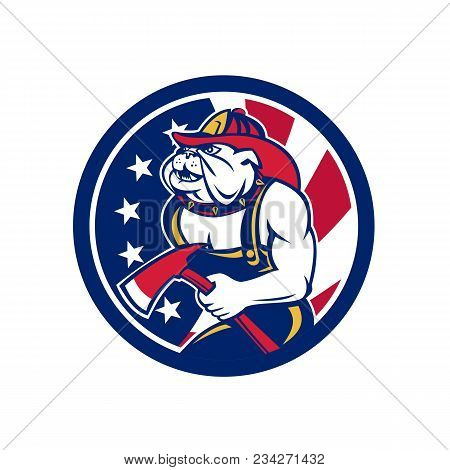 Icon Retro Style Illustration Of An American Or Bulldog Fireman Or Firefighter Holding Fire Axe With