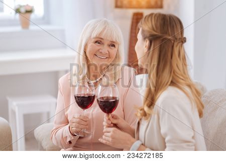 Family Evening. Joyful Nice Positive Mother And Daughter Looking At Each Other And Holding Glasses W