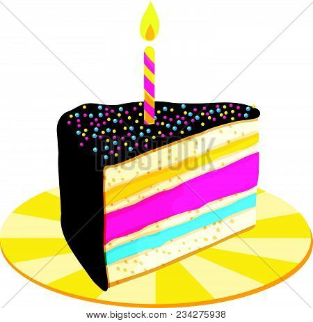 A Single Slice Of Layered Celebration Cake With Chocolate Icing, Sprinkles, And A Lit Striped Candle