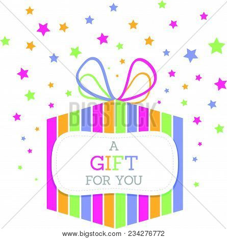 Pastel Striped Gift Box With A Multicolored Ribbon And Stars Behind It With A Text Label That Says 