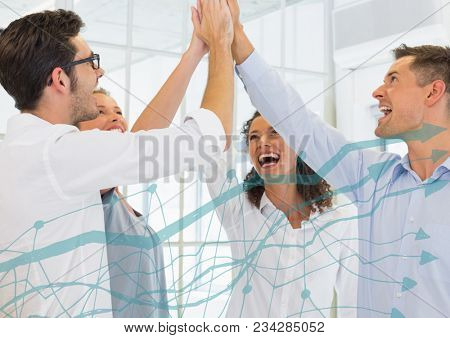 Team highfiving and light blue graph