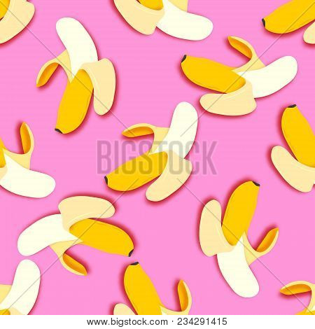 Banana Seamless Pattern In Paper Cut Style. Origami Yelllow Tropical Fruit On Pink. Vector