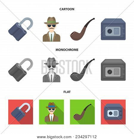 Lock Hacked, Safe, Smoking Pipe, Private Detective.detective Set Collection Icons In Cartoon, Flat, 