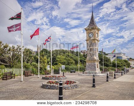 26 June 2017: Exmouth, Devon, Uk - The Jubilee Clock Tower On The Esplanade At Exmouth, Devon, With 