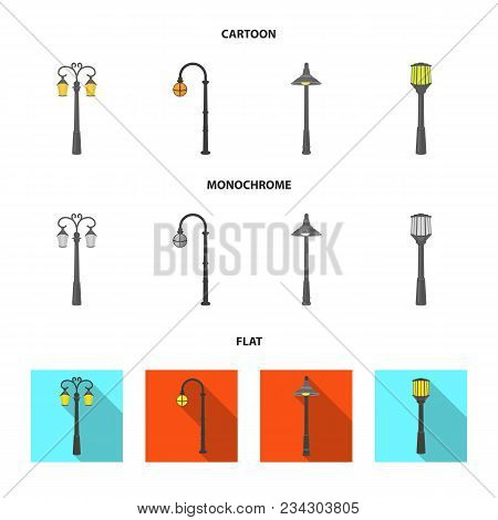Lamppost In Retro Style , Modern Lantern, Torch And Other Types Of Streetlights. Lamppost Set Collec