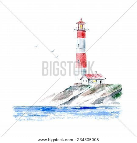 Landscape Of A Lighthouse And The Ocean.sea Picture.watercolor Hand Drawn Illustration.white Backgro