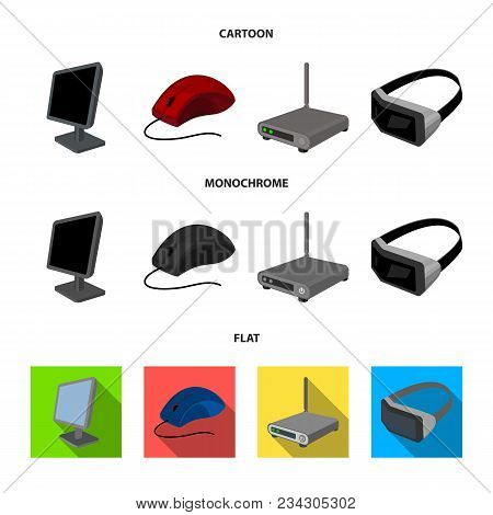 Monitor, Mouse And Other Equipment. Personal Computer Set Collection Icons In Cartoon, Flat, Monochr