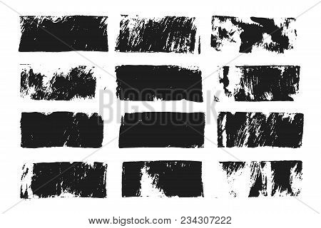 Set Of Rectangular Text Box. Grunge Paint Stripe. Vector Brush Stroke. Black Grunge Spots With Place